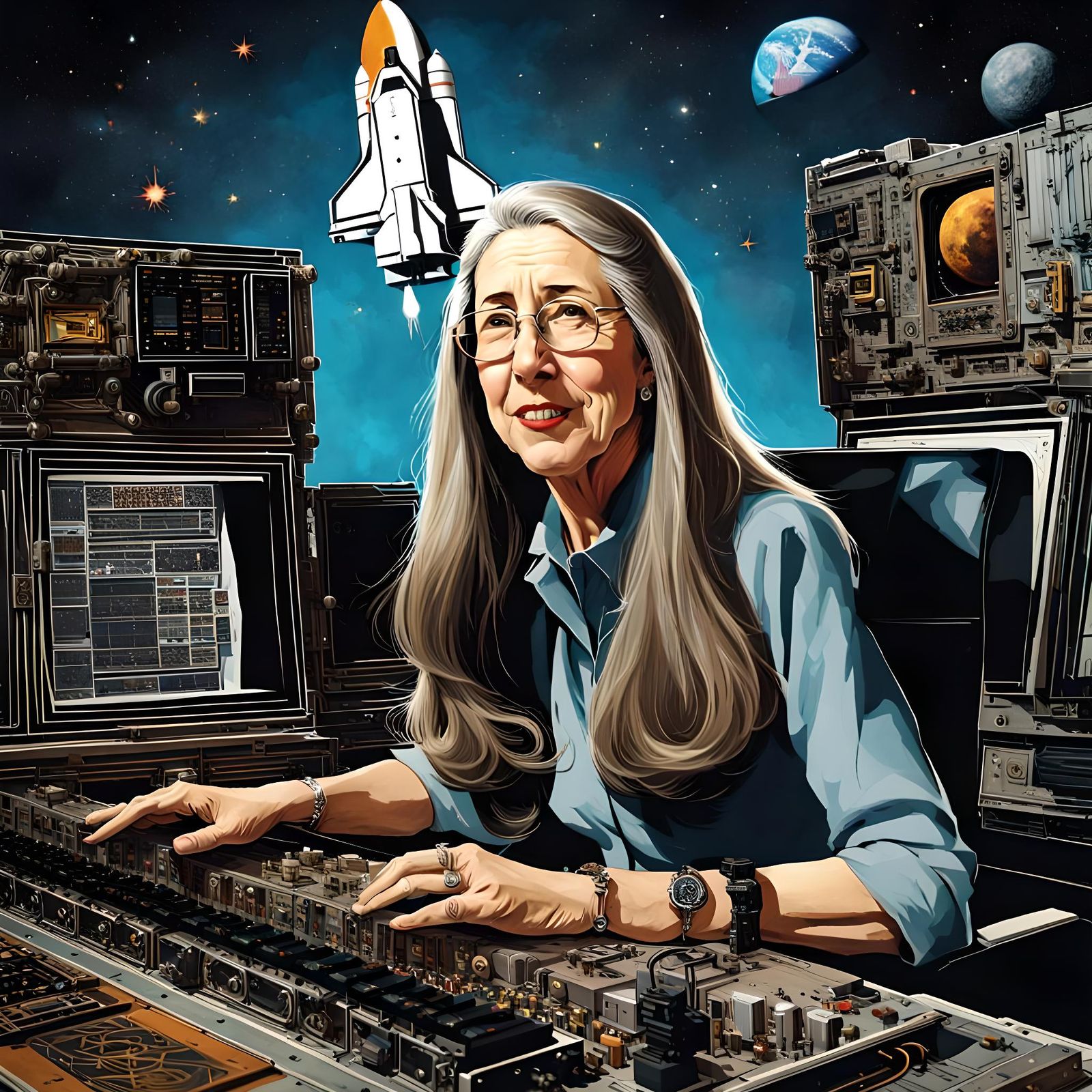 Margaret Hamilton Portrait with Apollo Rocket, Digital Art