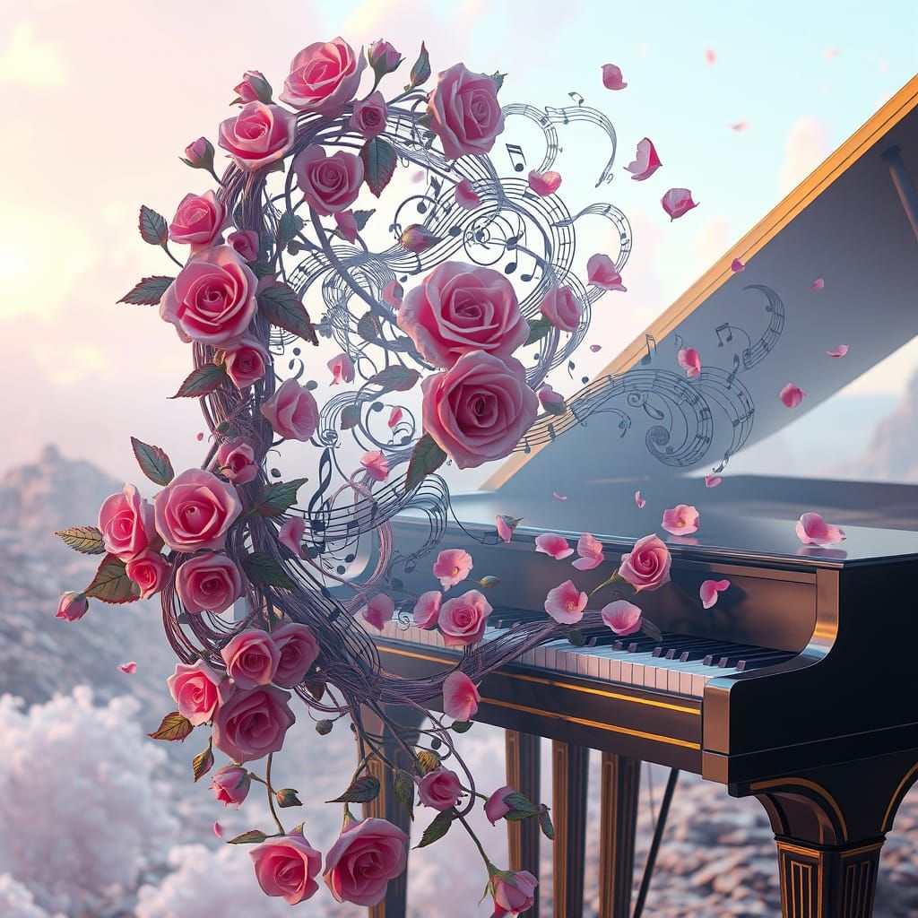 Ethereal Piano Landscape with Music Notes and Roses