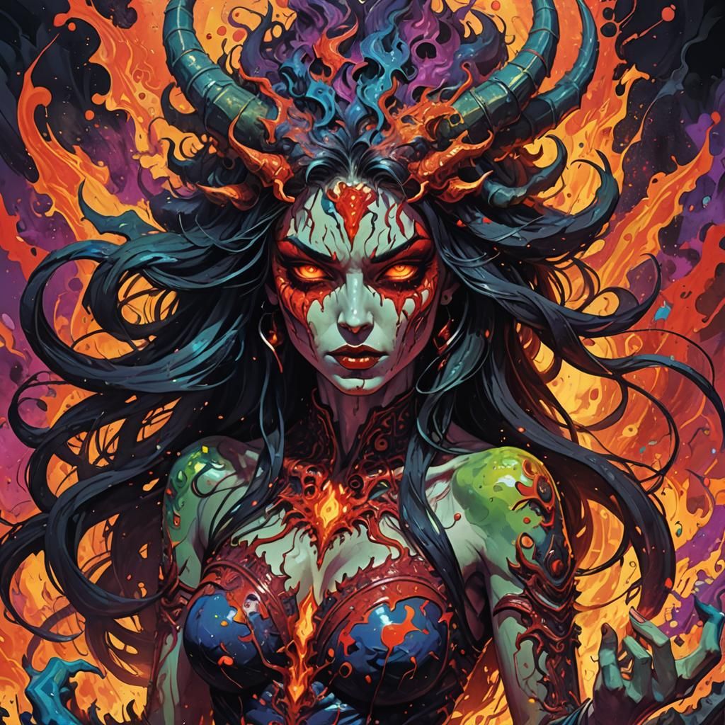 Hot woman demon splash art psychedelic art
