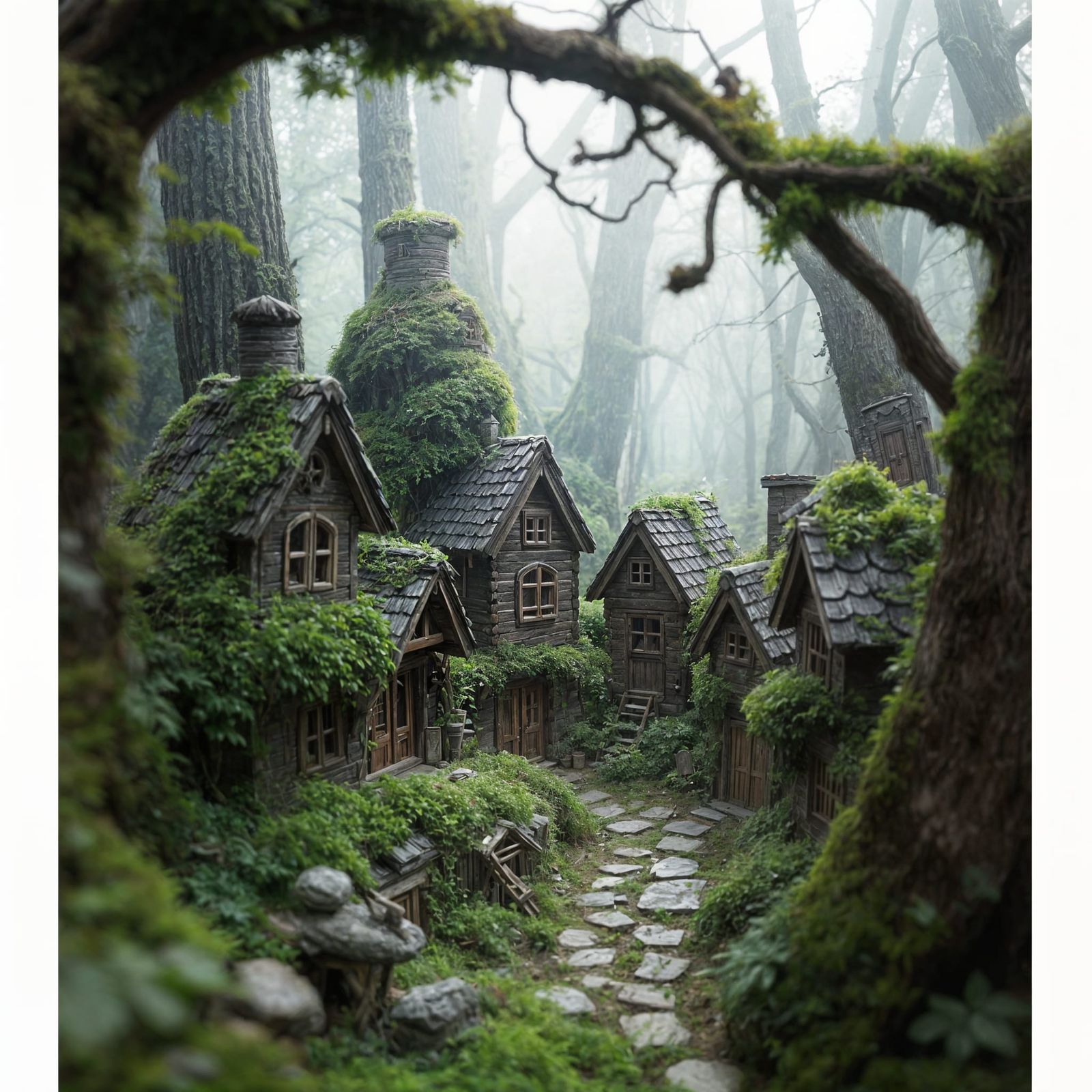 Ancient Clay Village Shrouded in Forest Mist