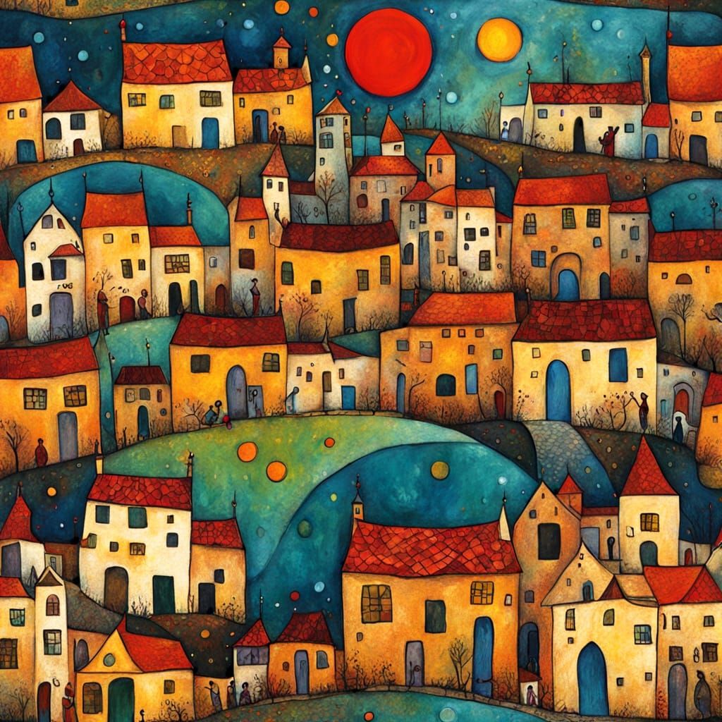 Vibrant Whimsicalpunk Village Scene with Golden Accents