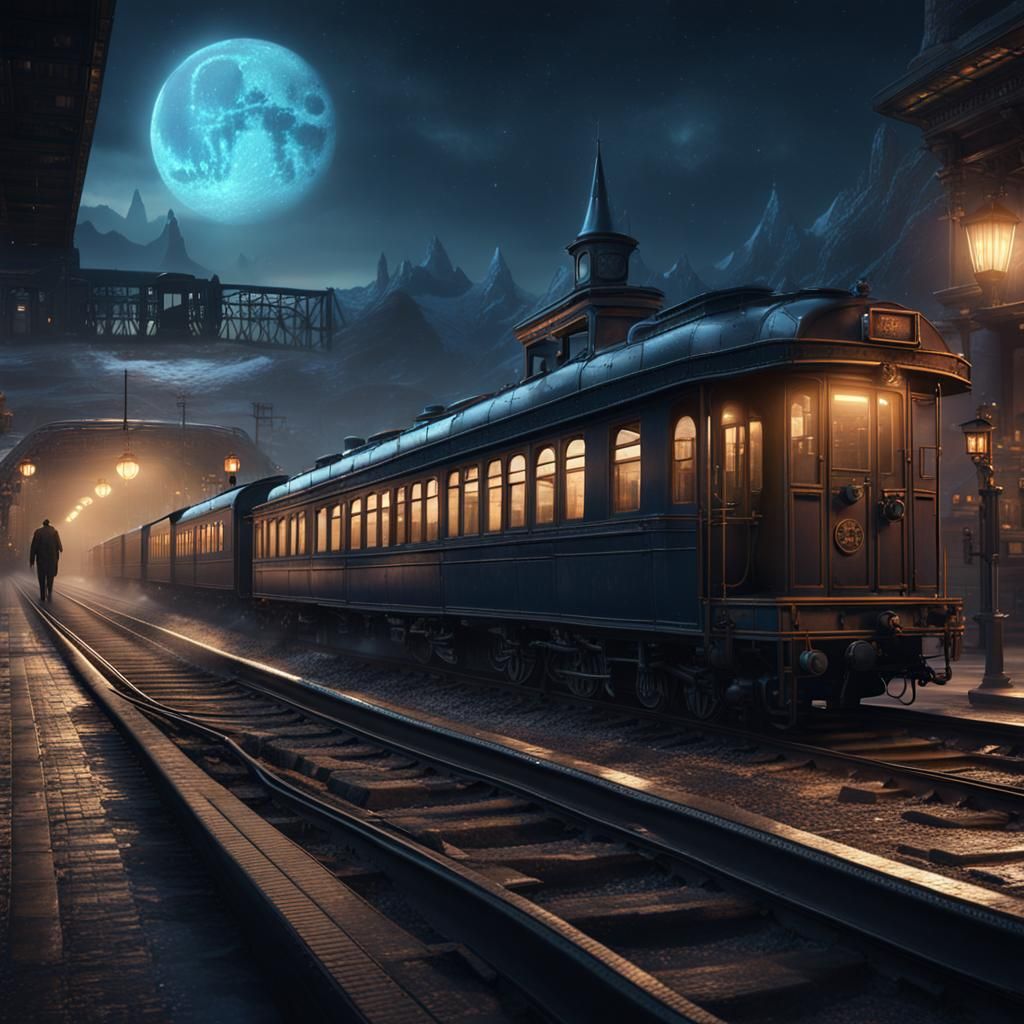 Midnight Train Station with Spectral Figures