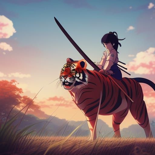 Anime Samurai Girl on Tiger, Ghibli Style