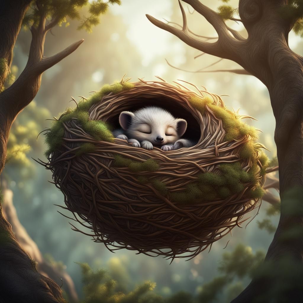 Animal Sleeping in Nest: Detailed Matte Painting
