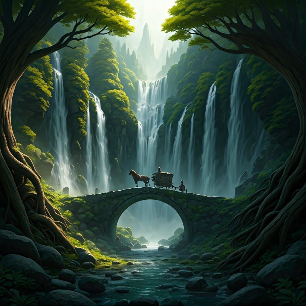 Mystical Carriage Crossing Waterfalls in Fantasy Landscape