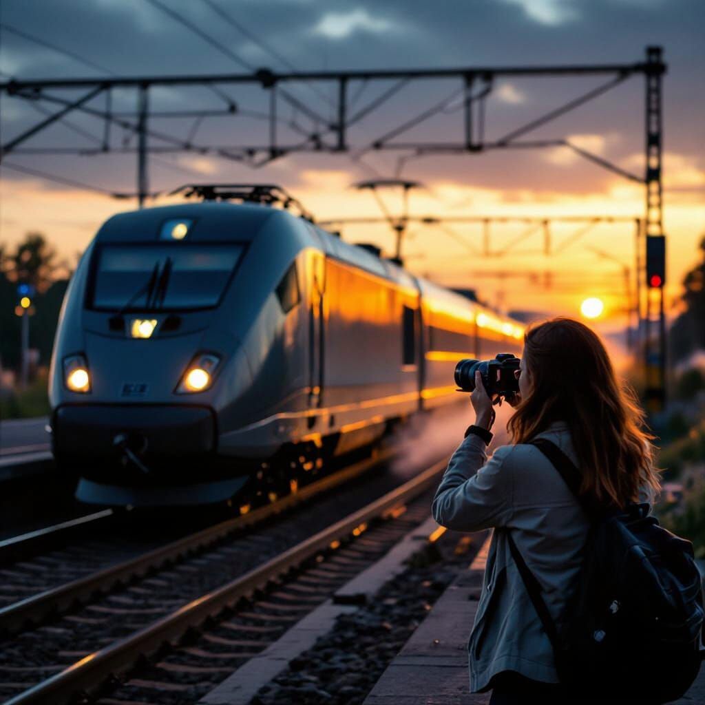 Woman Photographs ICE Train in Golden Hour Light