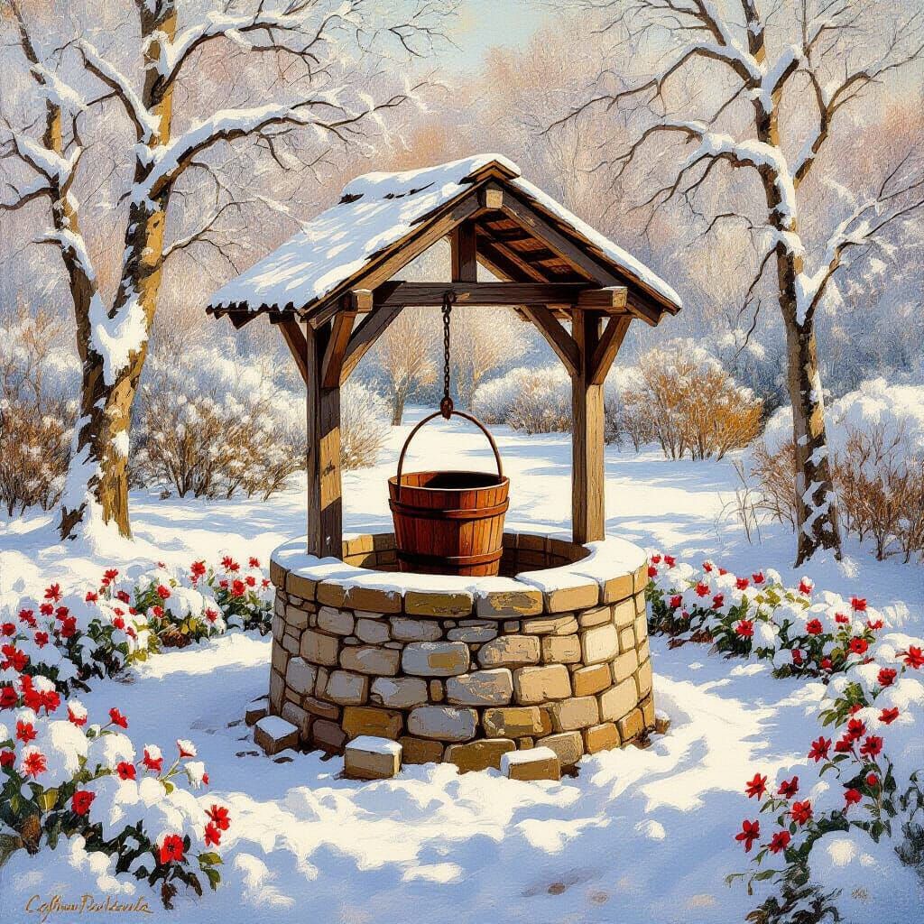 Winter Garden Stone Well in Impressionist Style