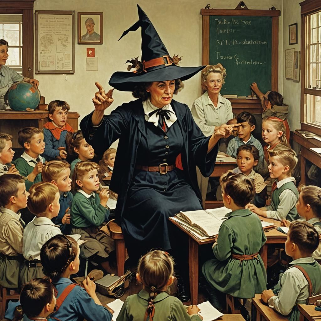 Witch Teacher in a Norman Rockwell Style Painting