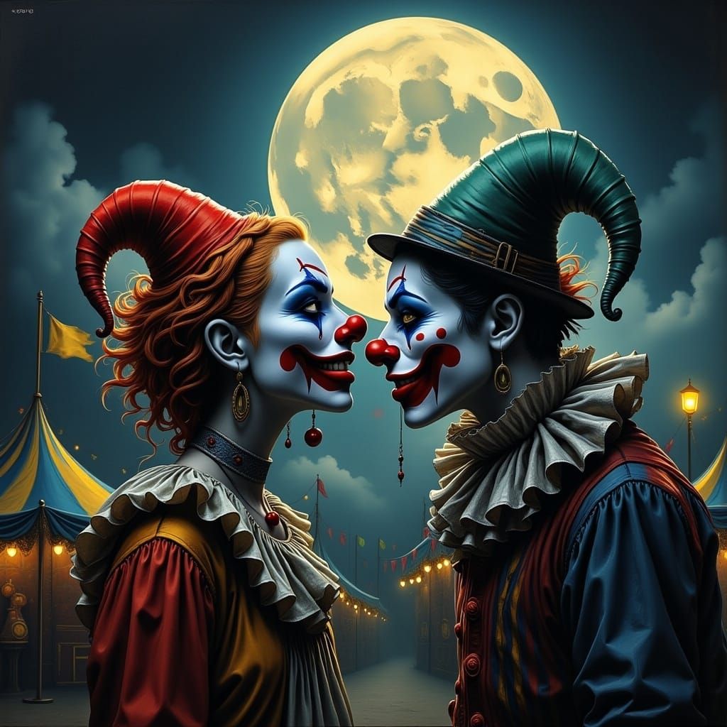 Romantic Clown Couple Under Moonlit Circus Sky