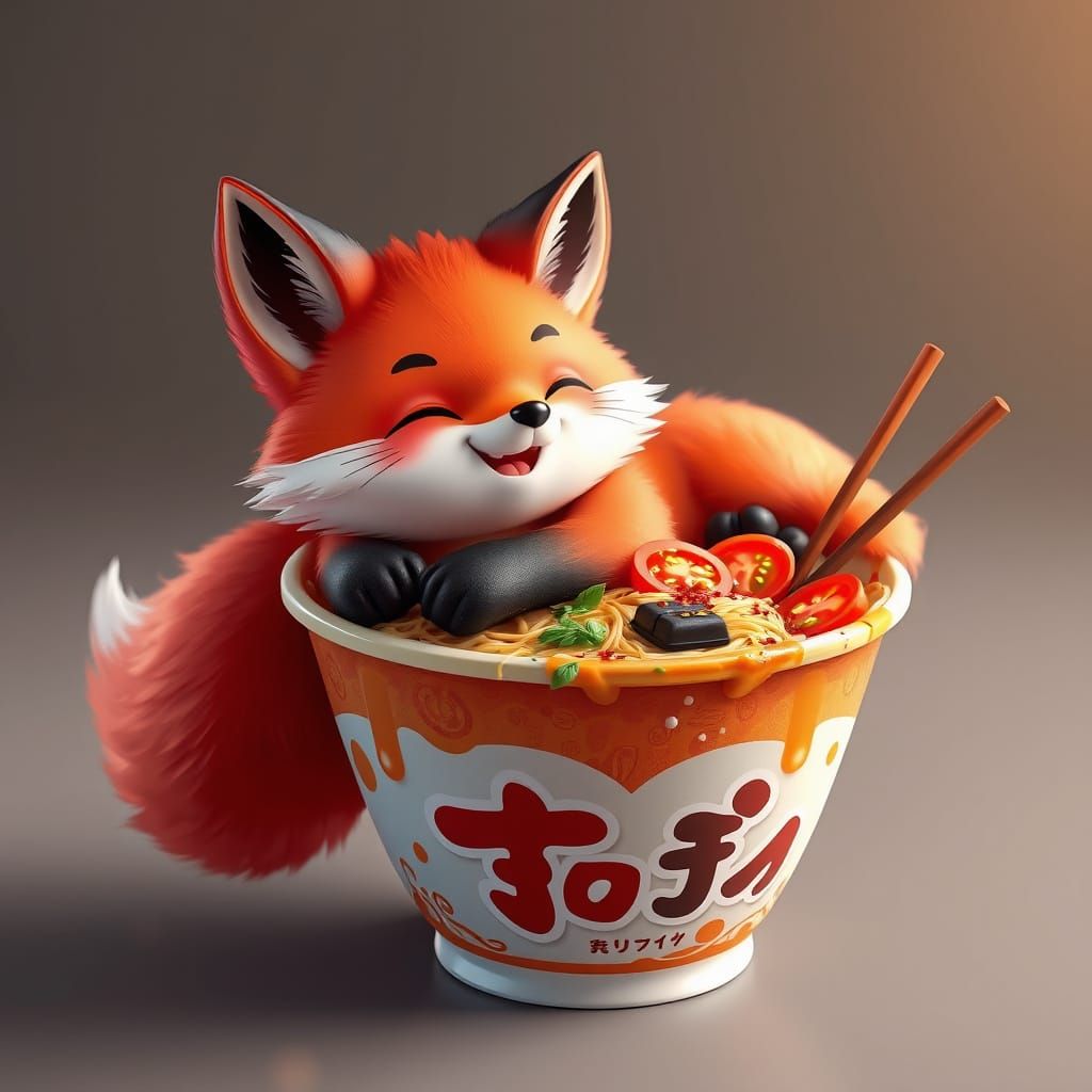 Anime Red Fox Delights in Whimsical Instant Noodle Scene