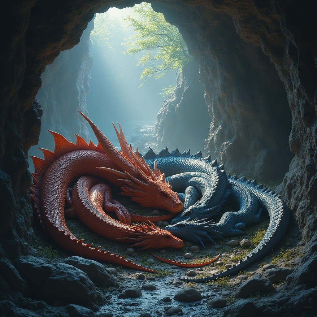Family of Dragons Sleeping in Cave During War