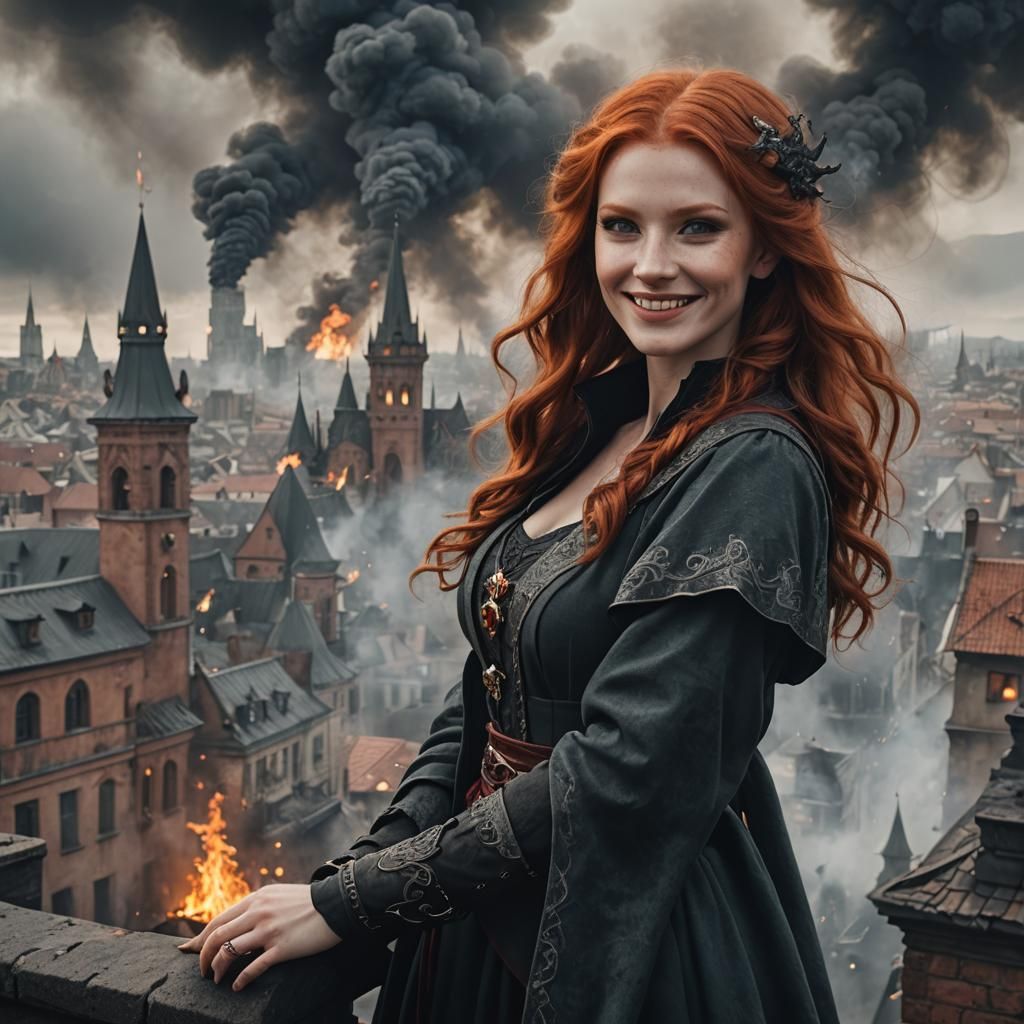 Red-Haired Sorceress Smiles Before Burning City