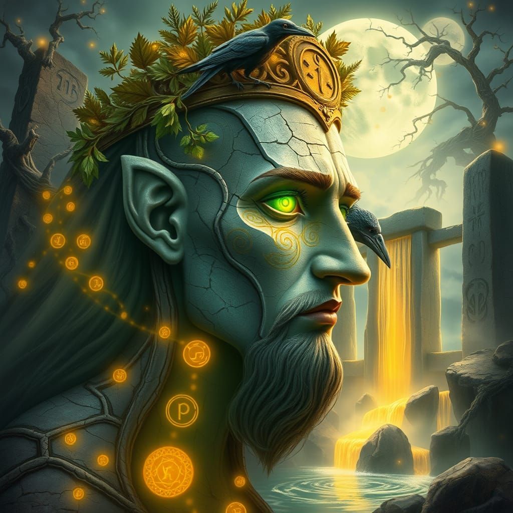A surreal and divine portrait of a Celtic god