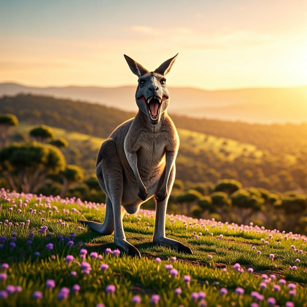 Tyrannosaurus Kangaroo Roars in Spring Meadow