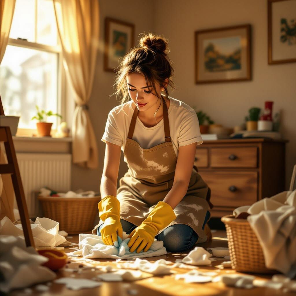 Woman Cleaning Chaotic Room in Golden Light