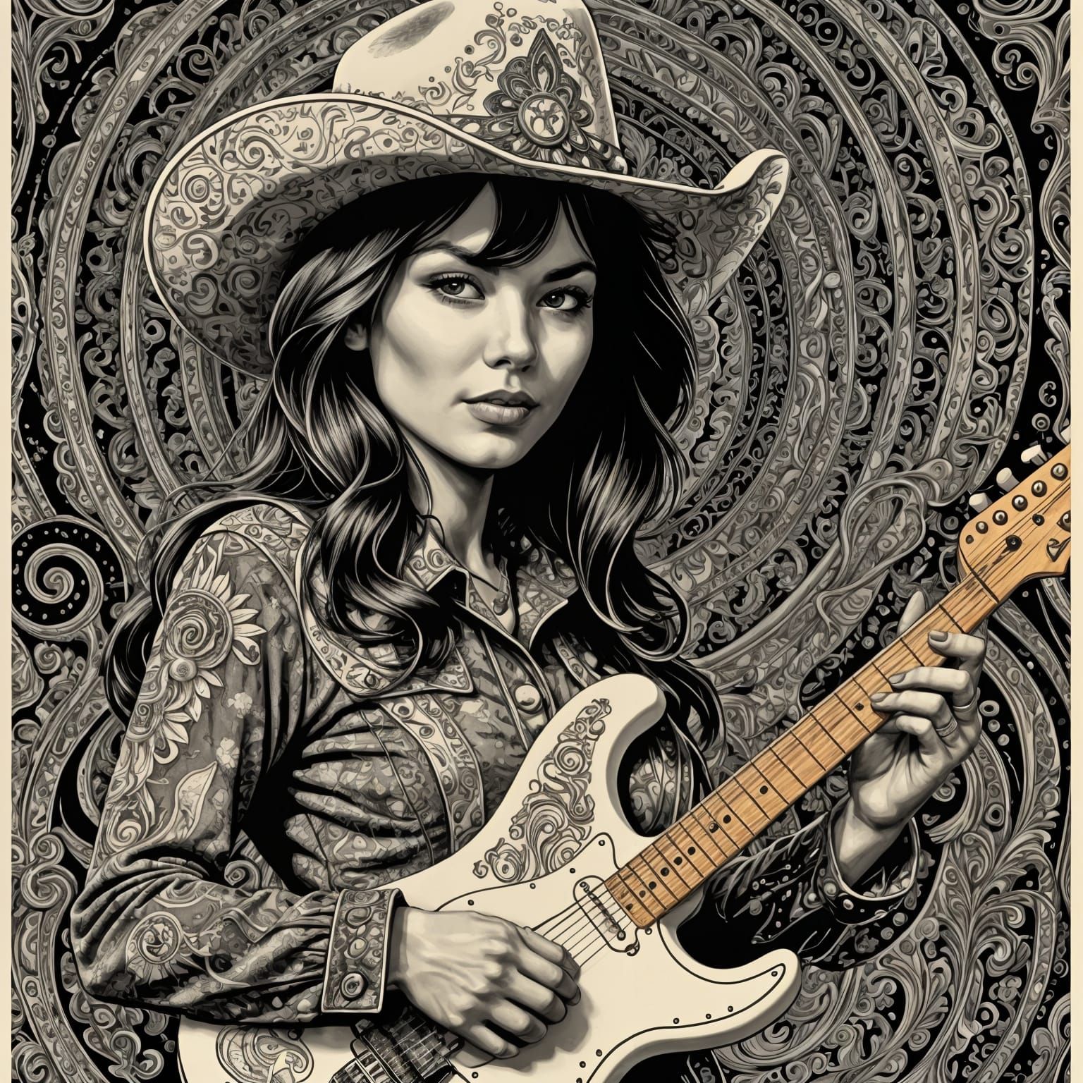 Cowgirl strangling her guitar