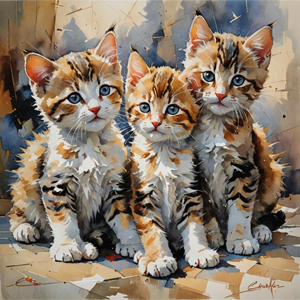 Kittens Playing: Impressionistic Cubism in Watercolor