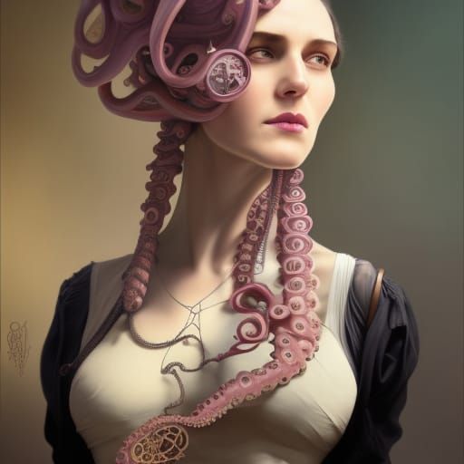 Steampunk Middle Eastern Woman with Mechanical Octopus