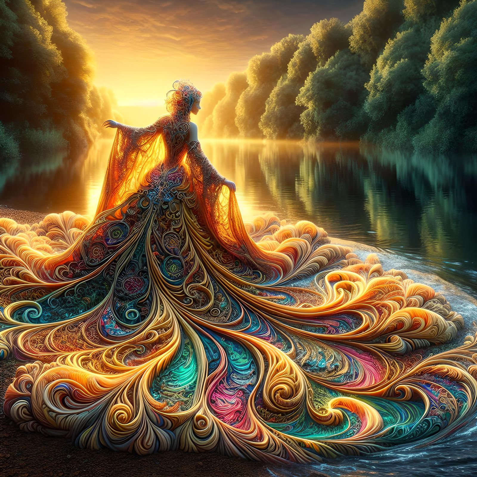 Woman in Zentangle Foam Dress at Sunset