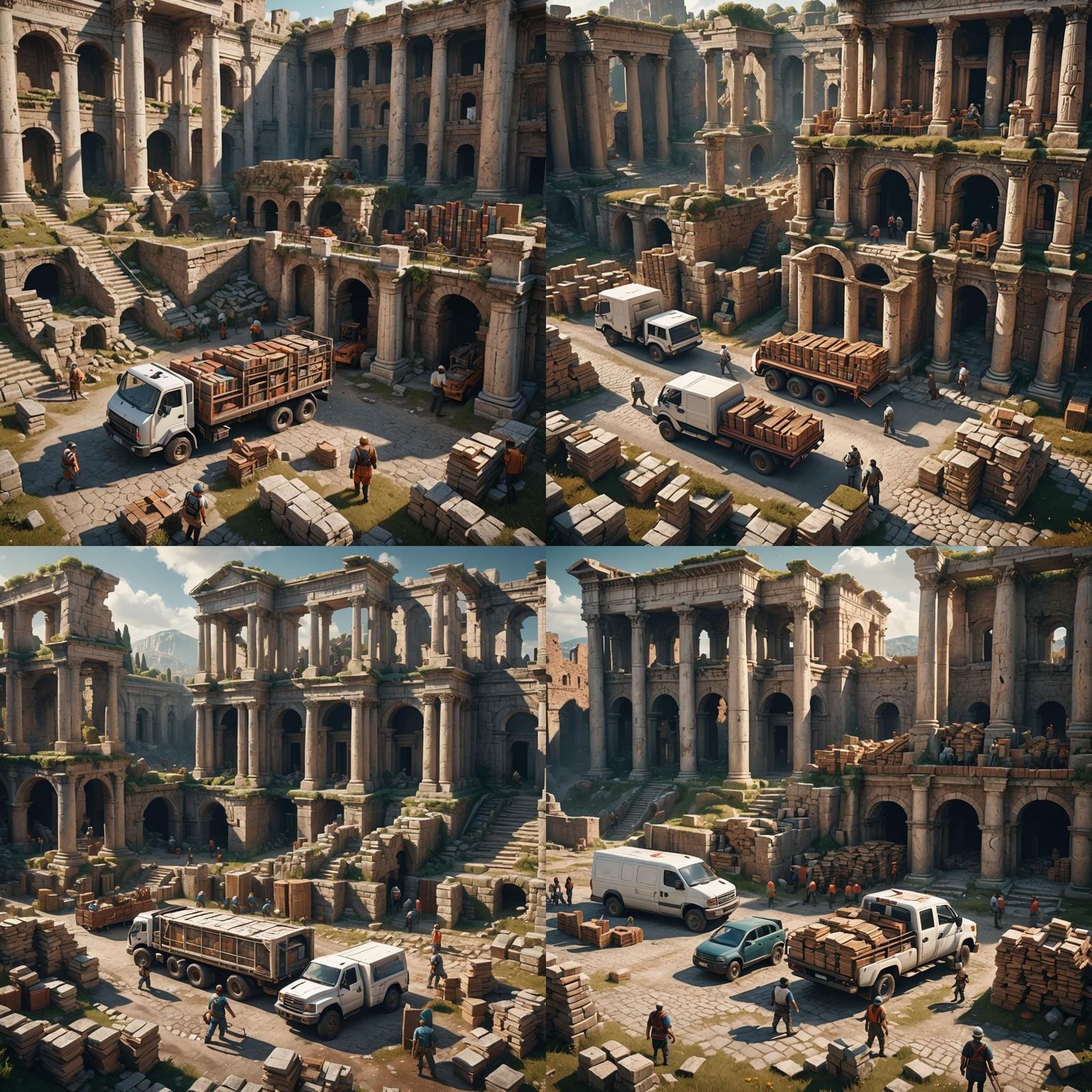 Workers Unloading Books with Roman Ruins