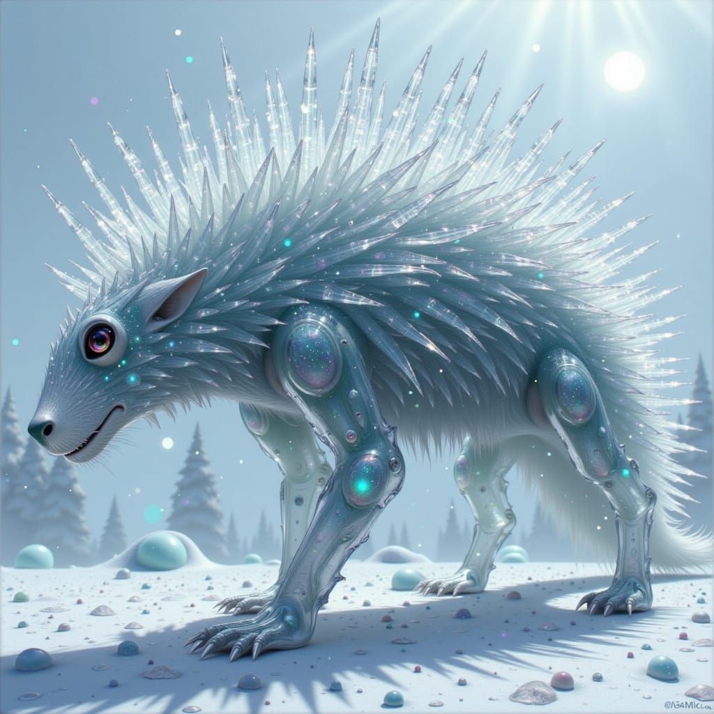 Icy Dog-Porcupine Hybrid with Quills, in Digital Art Style