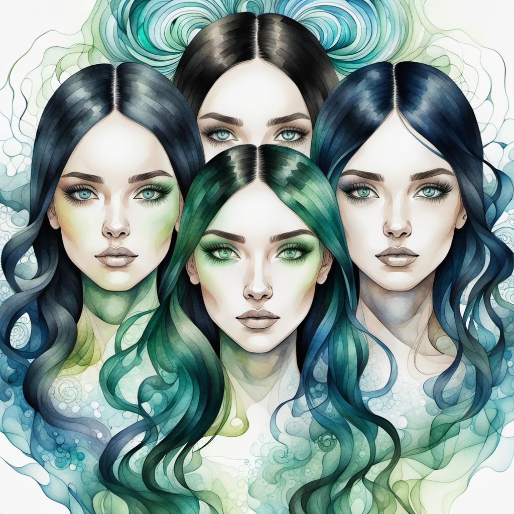 Aesthetic Watercolour Portrait of Triplet Teenage Girls