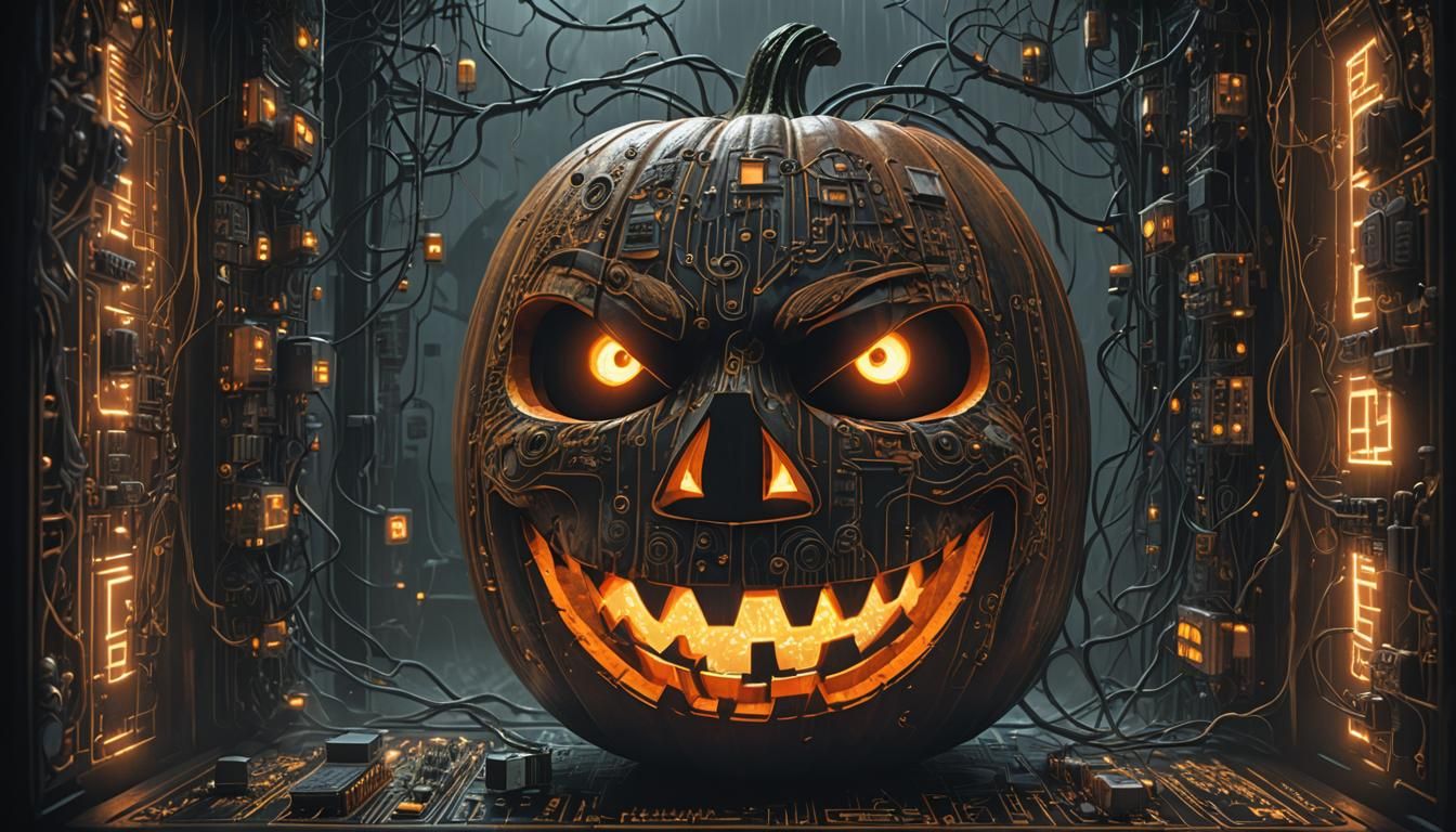 Cybersecurity Jack-o'-Lantern in Gothic Digital Art