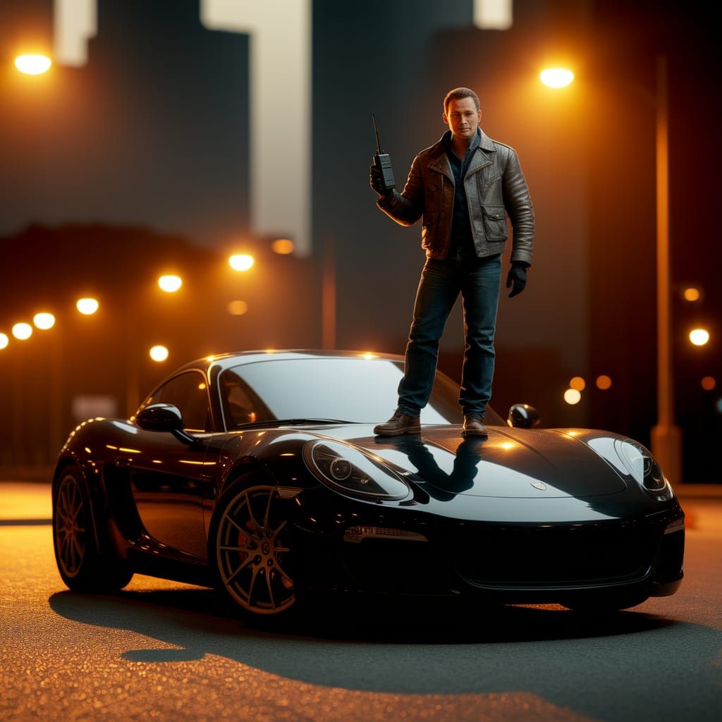 Lone Figure on Sports Car at Night