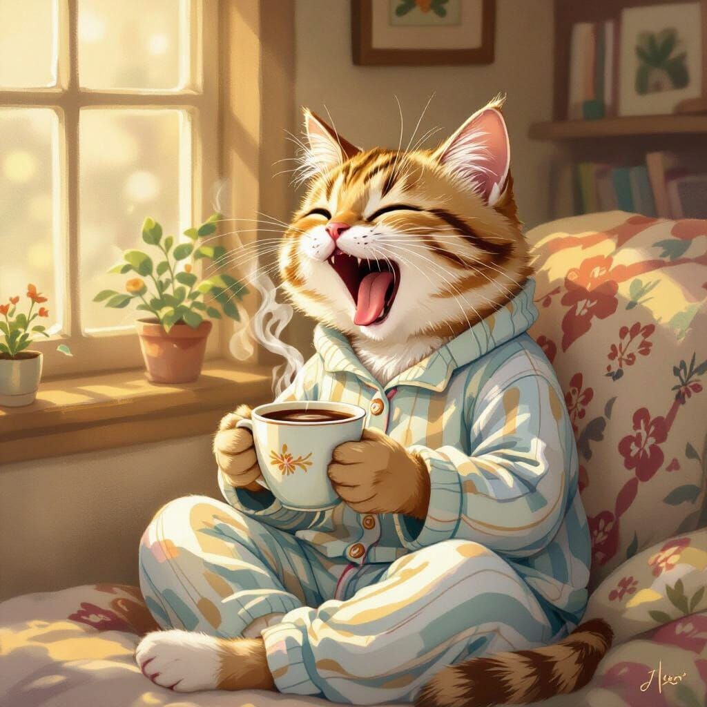 Cozy Cat Yawning with Coffee in Watercolor Style