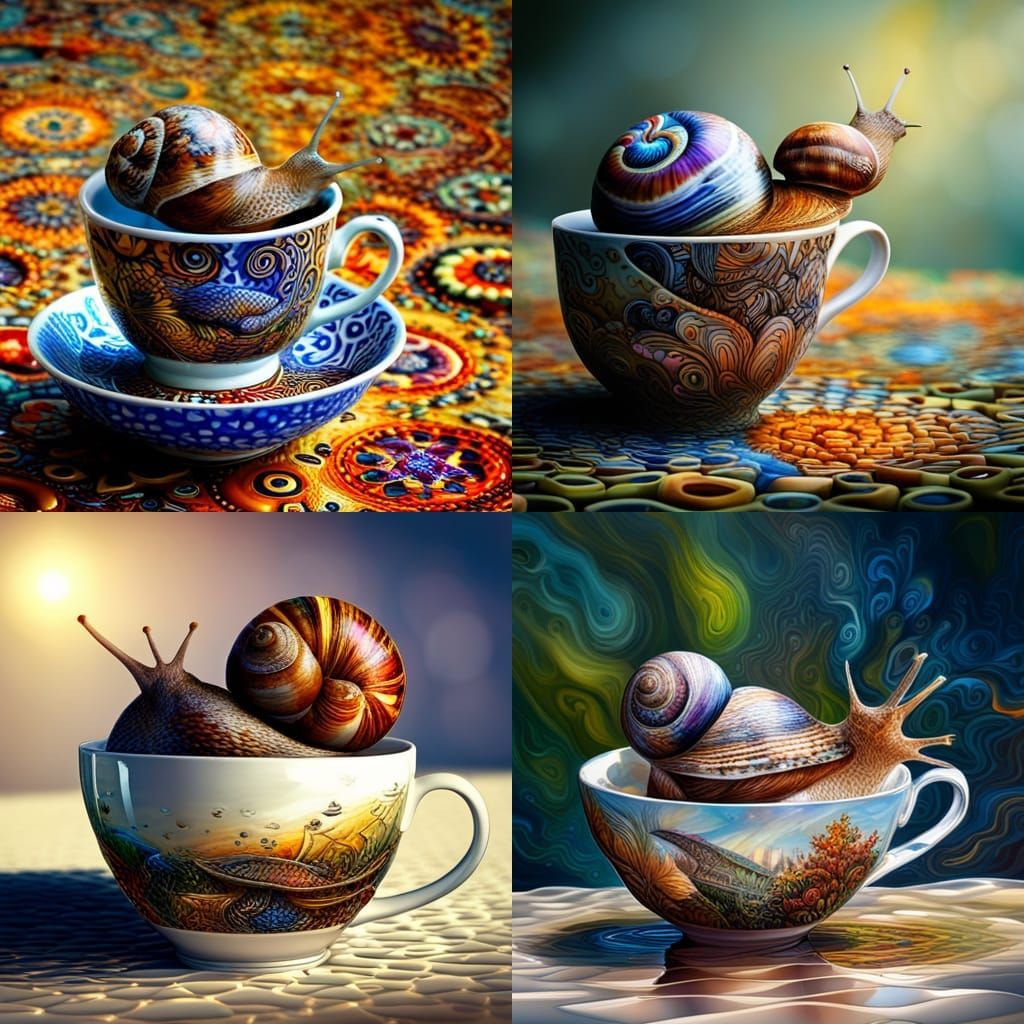 Snail in Teacup: Detailed Fantasy Art