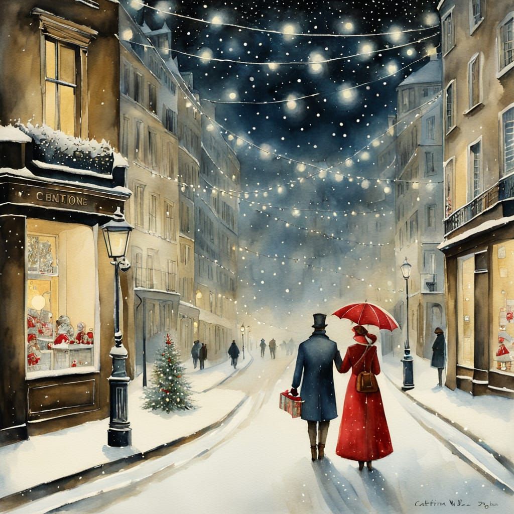 Magical Snowy Paris Nightscape in Watercolor Style