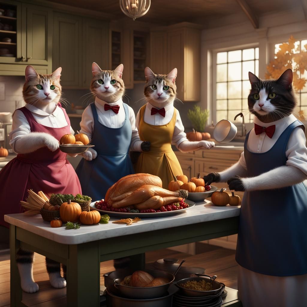 Cats Cooking Thanksgiving Dinner in Ball Gowns