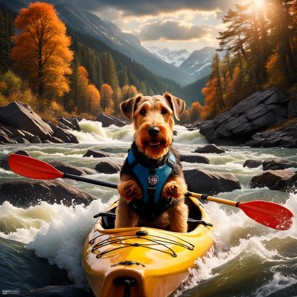 Airedale Terrier Dog Kayaking in Rapids