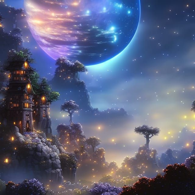 Luminescent Crystal Rose and Glitter Tree in Fantasy Art