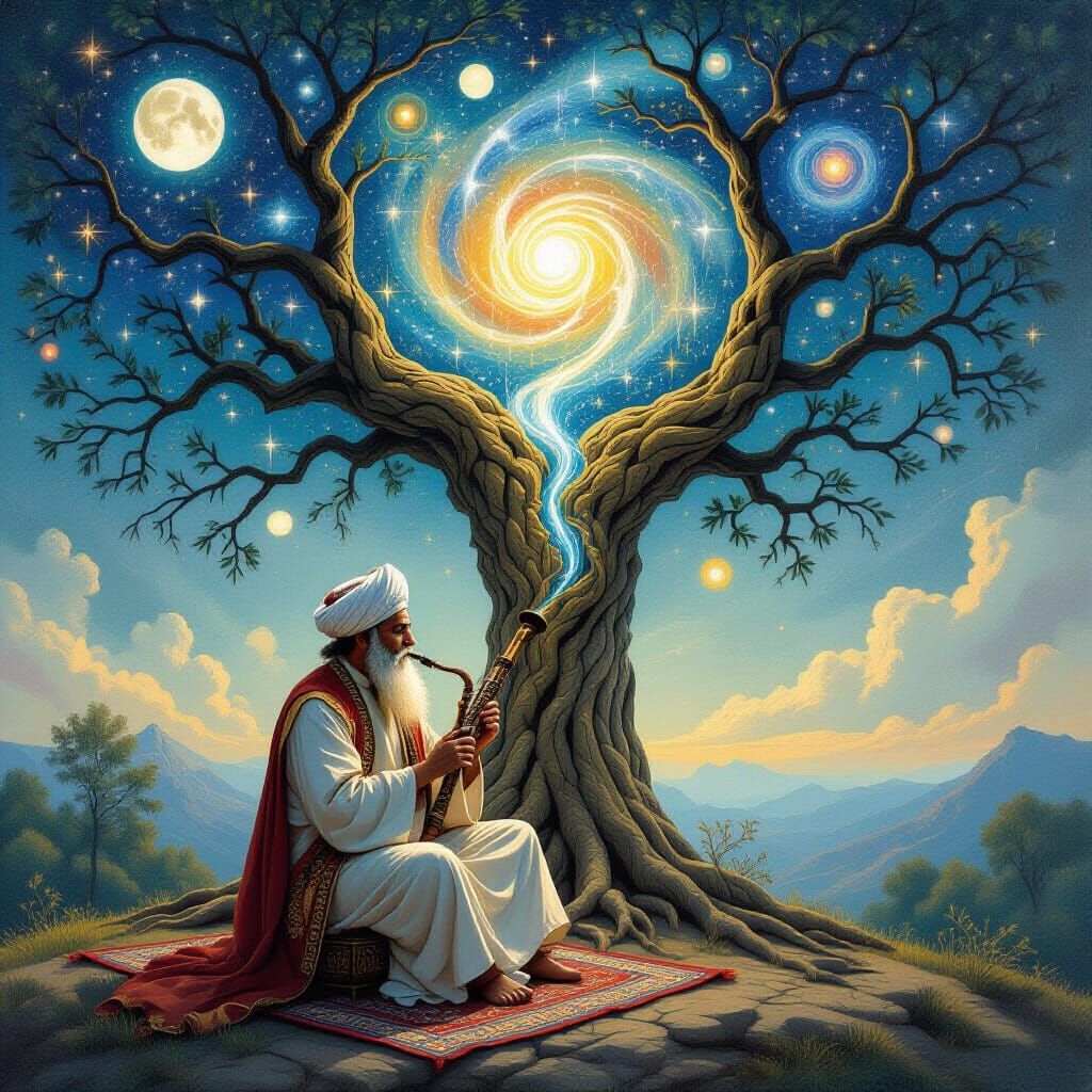 Sufi Master Merges With Cosmic Tree: Impasto Painting
