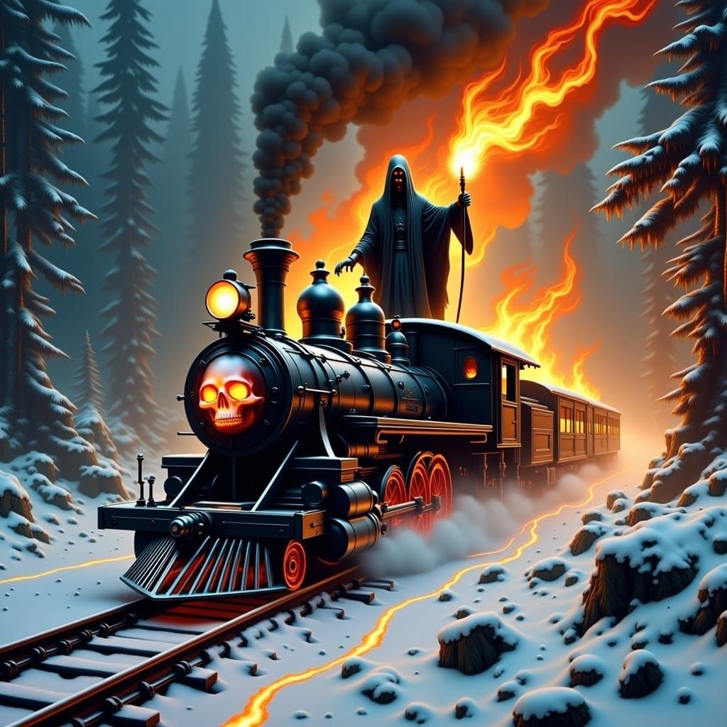 Ghost Train in Frozen Landscape, Gothic Horror Style