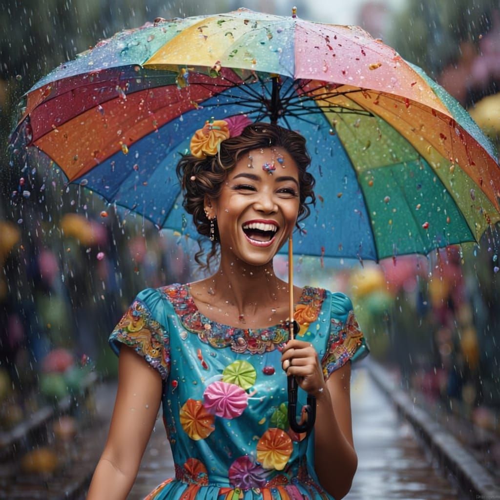 Woman Laughing in Colorful Candy Rain