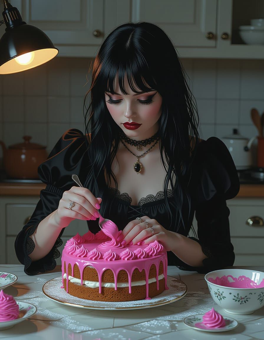 Goth Teen Baking Cake with Pink Frosting in Moody Light