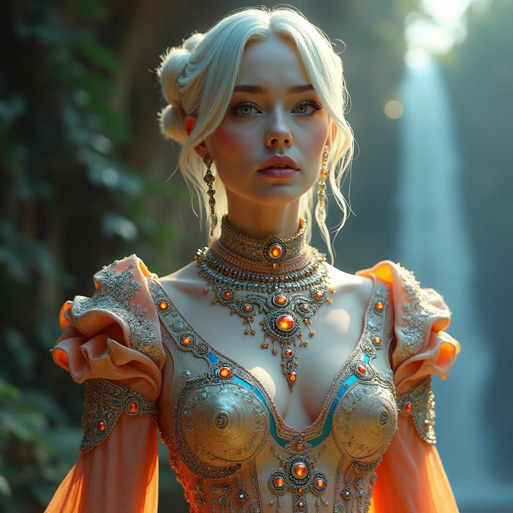 Woman in Opulent Gown, Hyperrealistic Fantasy Portrait