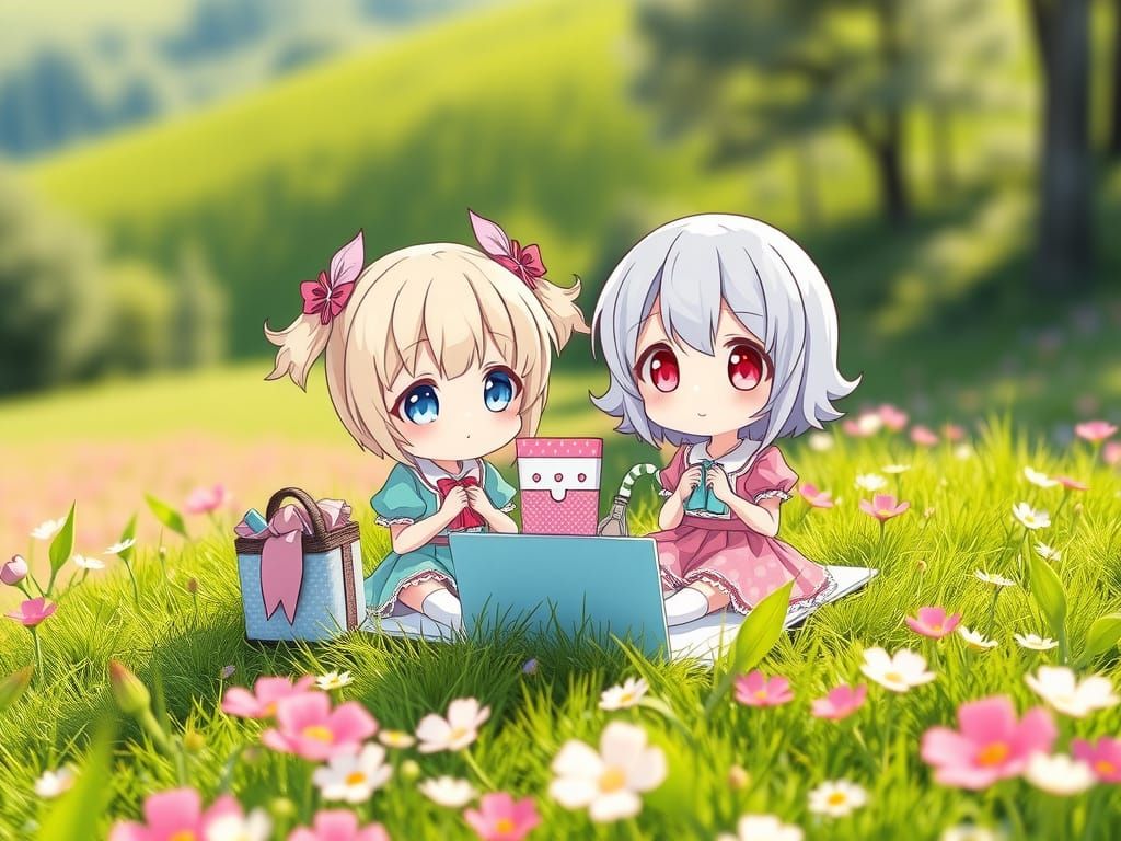 Scene featuring two chibi anime characters having a picnic on a hill in a kawaii art style. 8k resolution Unreal Engine ...