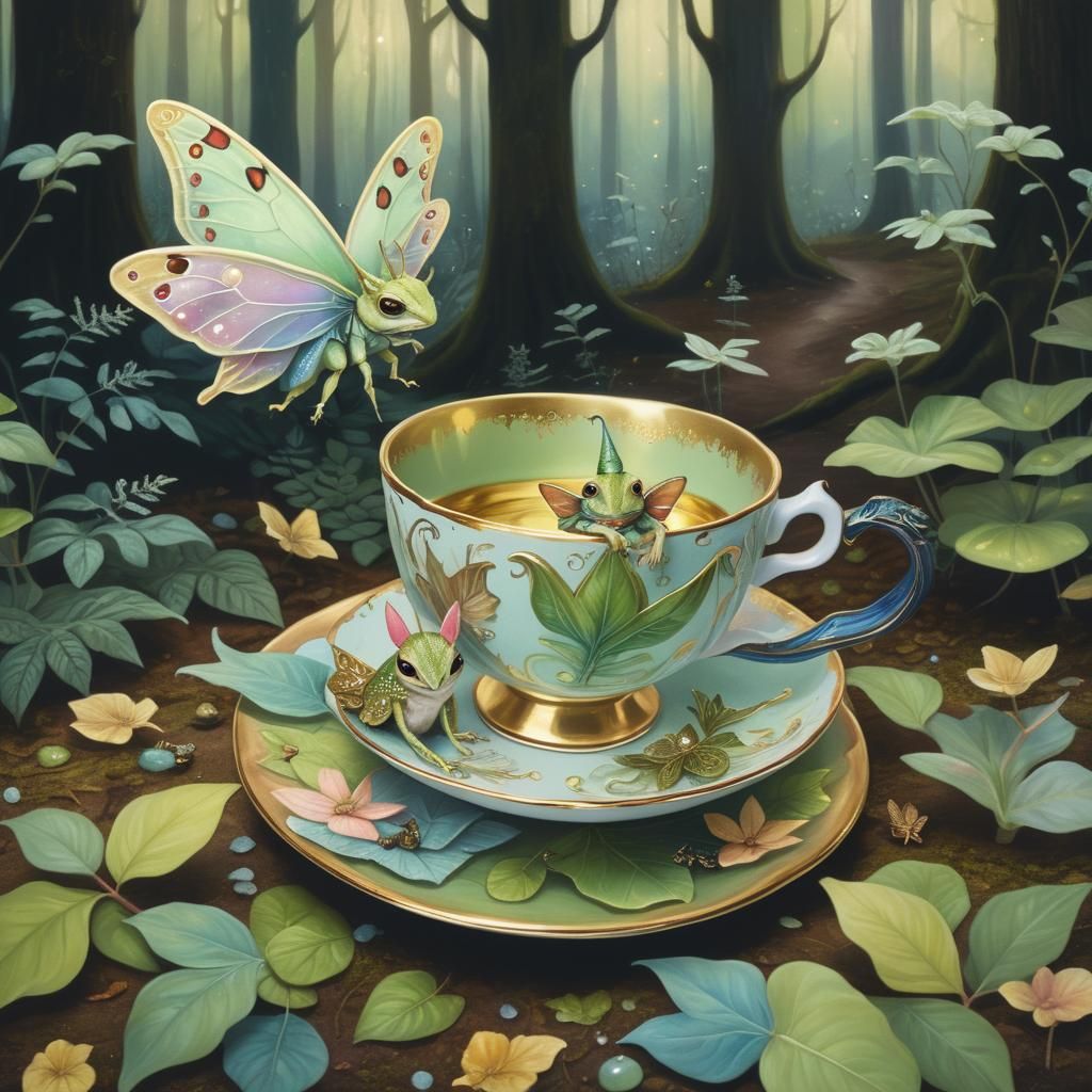 Toad Person and Luna Moth in Teacup