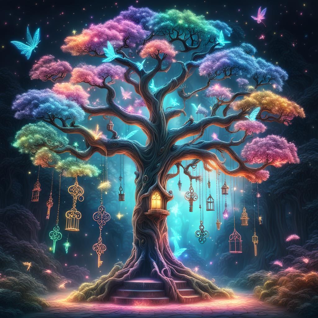 Magical Fairy with Flying Keys and Neon Tree