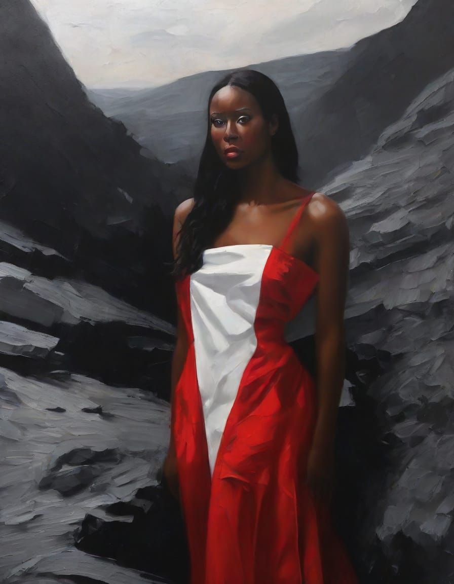 Elegant Vulnerability in Dark, Dramatic Impasto Artwork