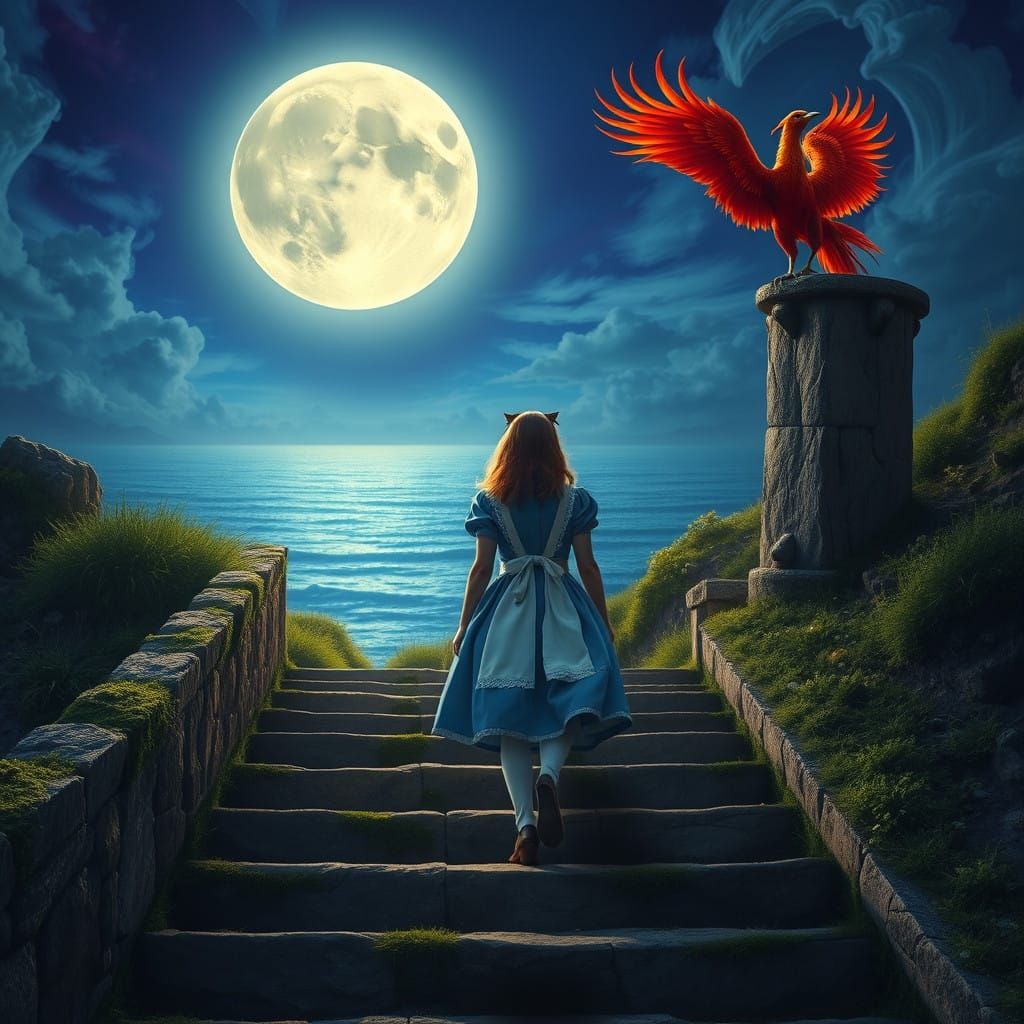 Victorian Alice Descends Moonlit Ocean Stairs with Phoenix a...