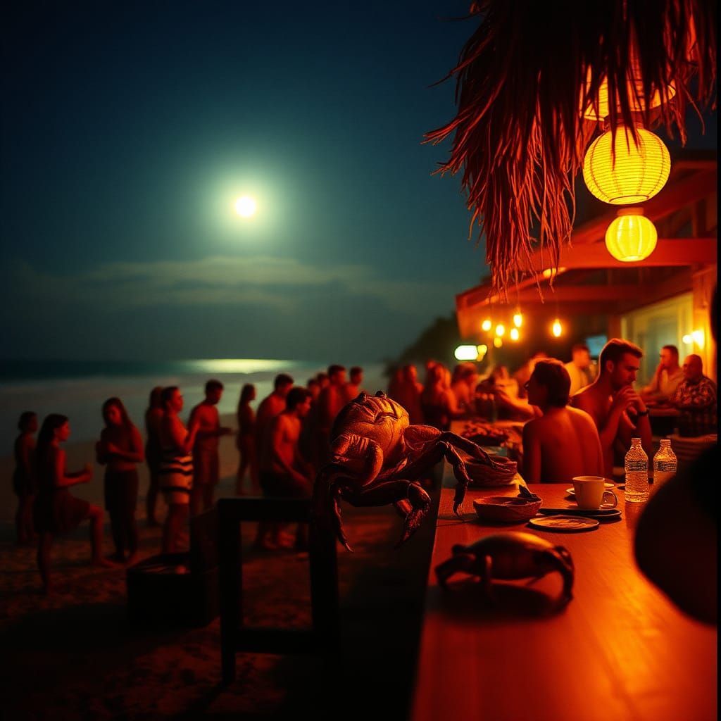 Crab Party at Beach Bar in Cinematic Style