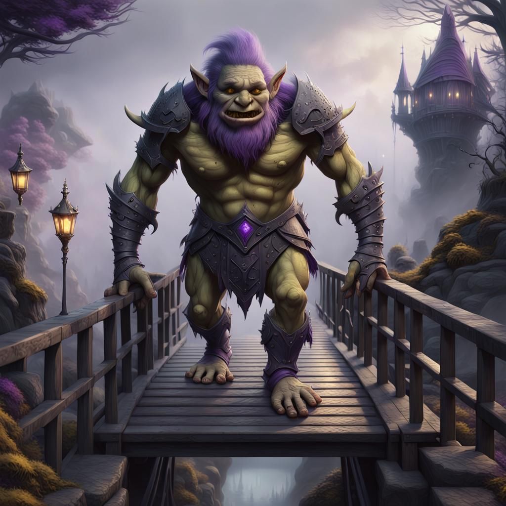 Surreal Dark Fantasy Troll Confronts a Knight on a Foggy Foo...