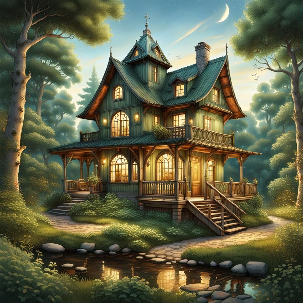 Fantasy Home Under Starry Sky in Illustration Style
