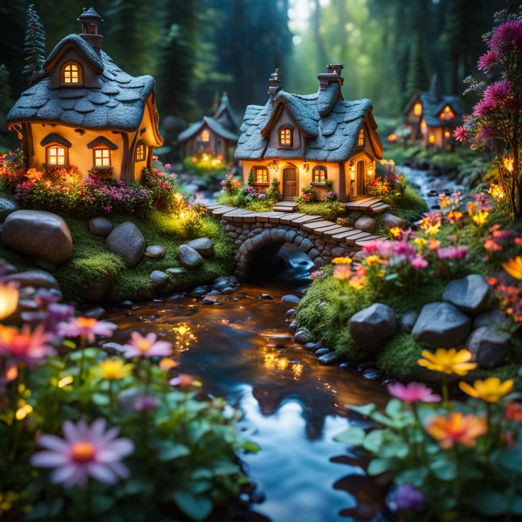 Enchanting Fairy Village in Woods with Magical Lines