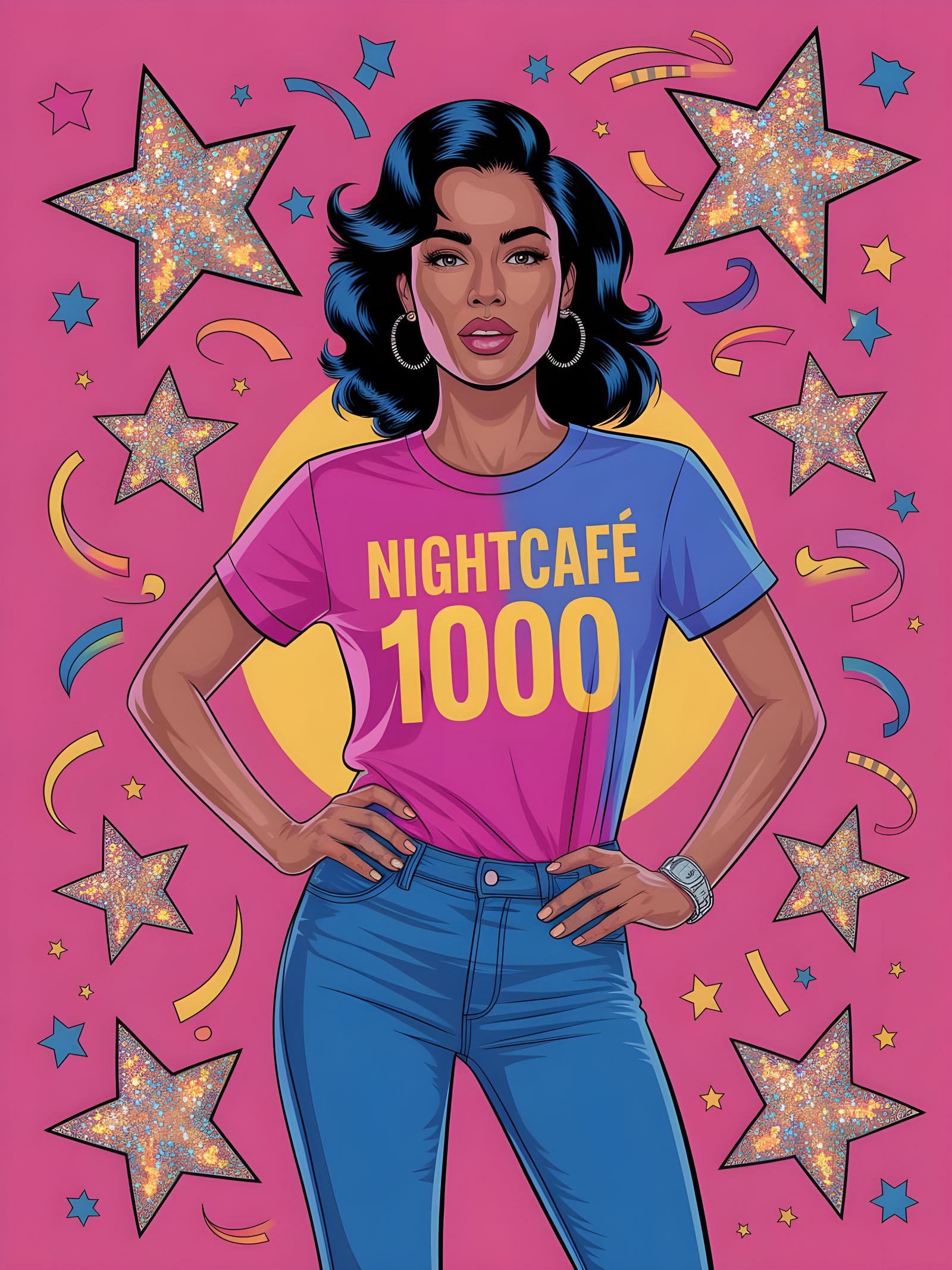 Pop Art Woman with 'NightCafe 1000' T-Shirt
