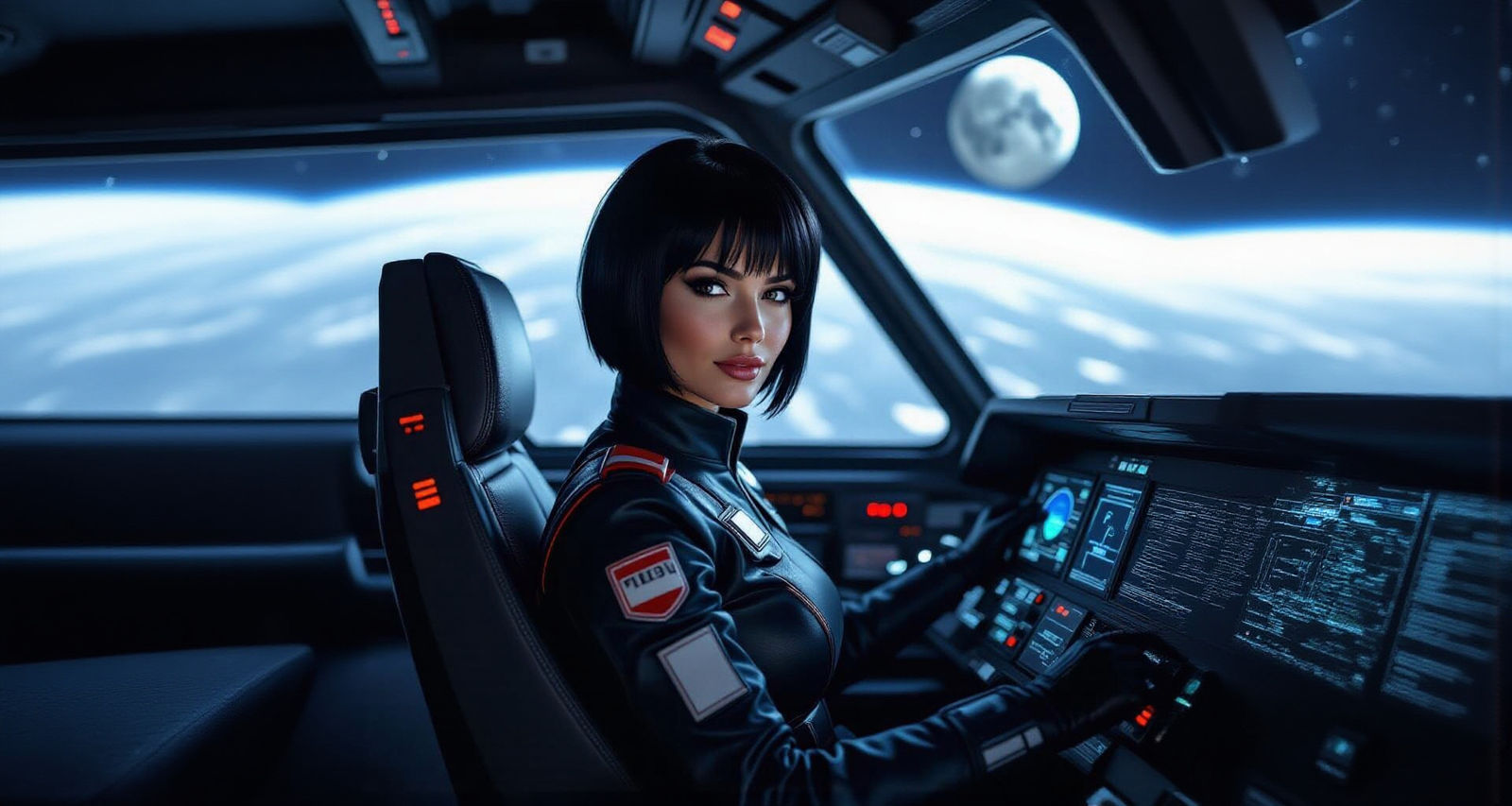 Futuristic Pilot Gazing at the Moon